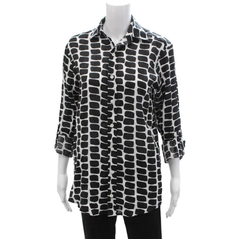 Emily Phillips Women Tunic Button-Up Linen Long Sleeve Black Geometric Size 3